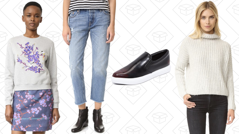 Carven Embroidered Sweatshirt, $221 | Levi’s 501 Raw Hem Jeans, $63 | DKNY Trey Slip On Sneakers, $160 | Suncoo Poppy Sweater, $165